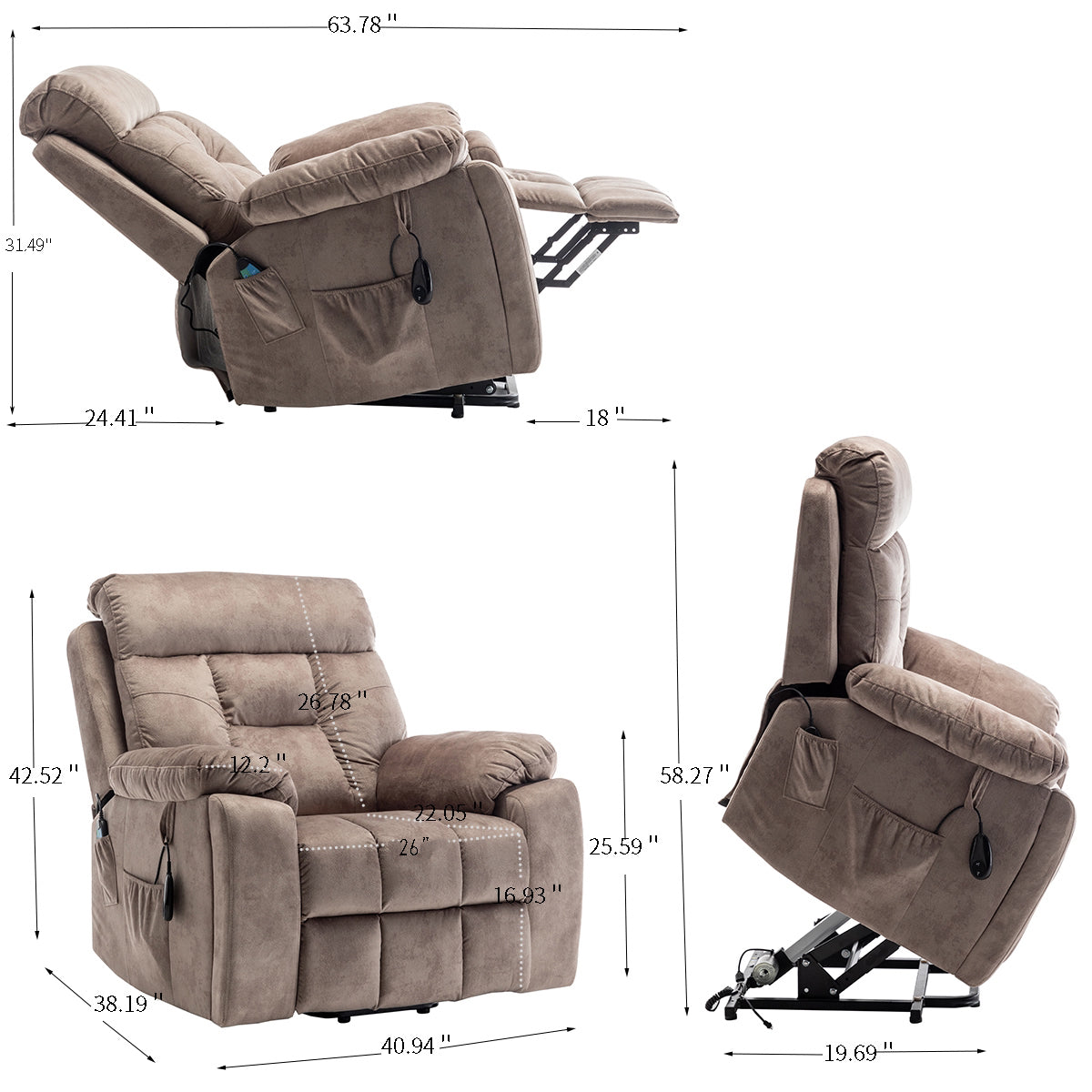 Wilson Power Electric Velvet Reclining Chair - Light Brown