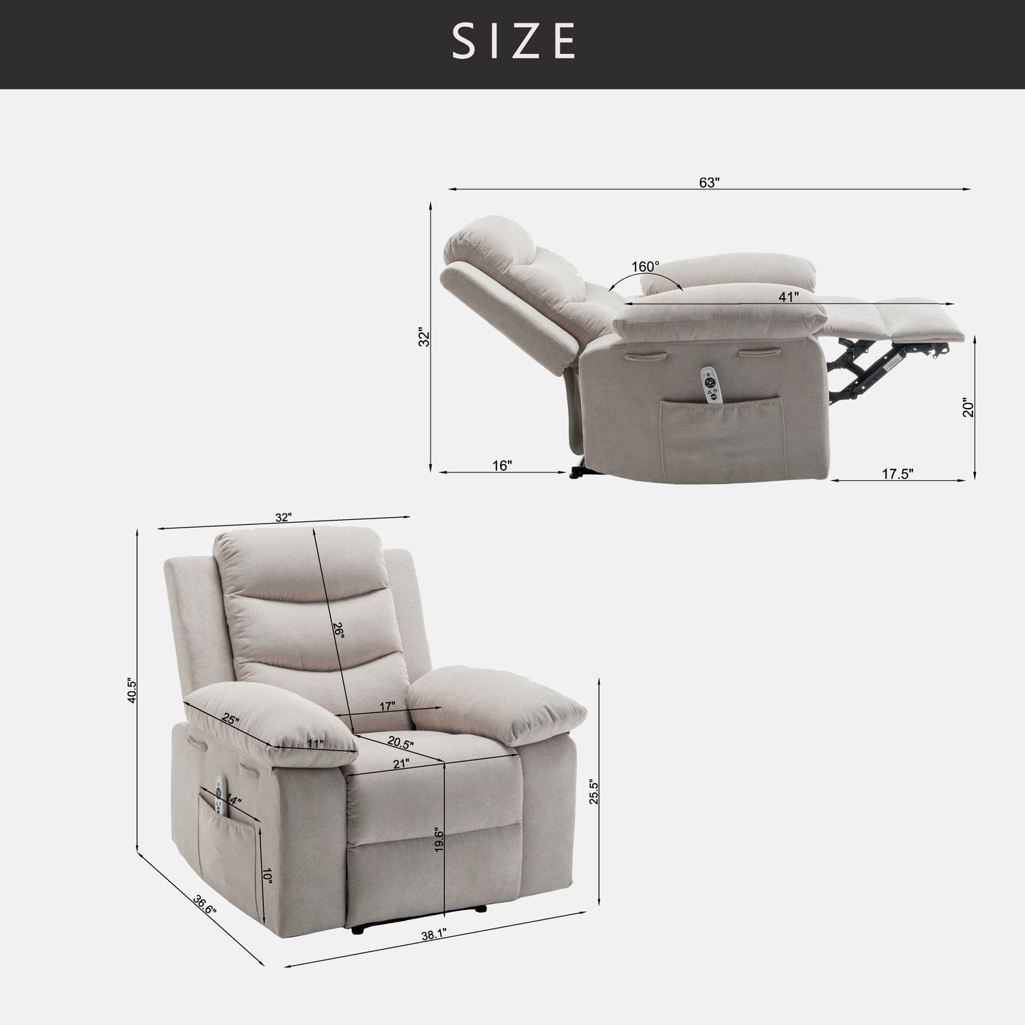 Equinox Power Recliner Chair with Adjustable Massage Function - Beige