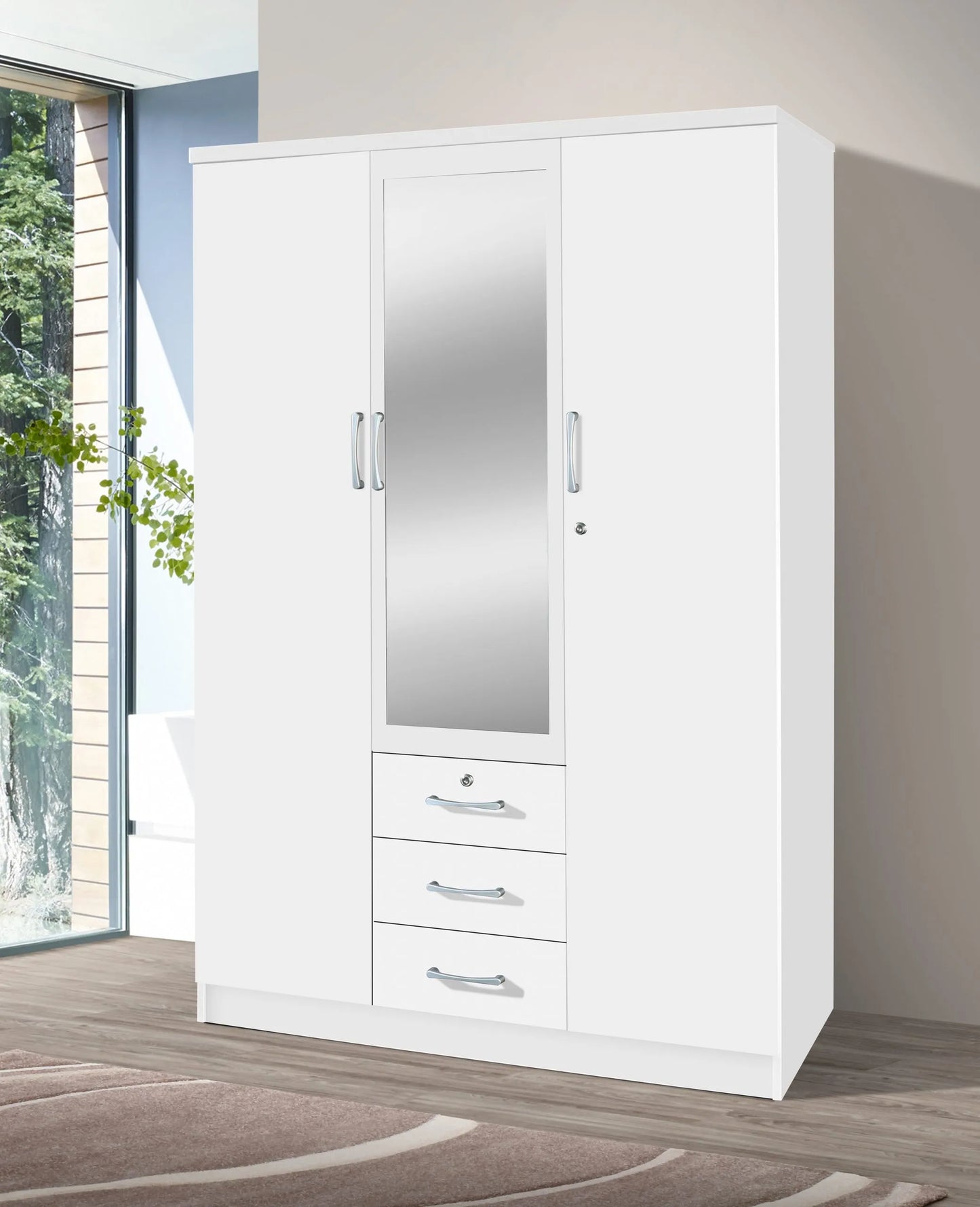 Go Green Woods 3 Door / 3 Drawer With Mirror Wardrobe