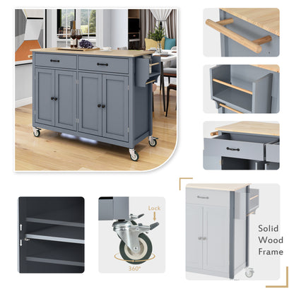 Granite Kitchen Island Cart with Solid Wood Top and Locking Wheels - Grey Blue