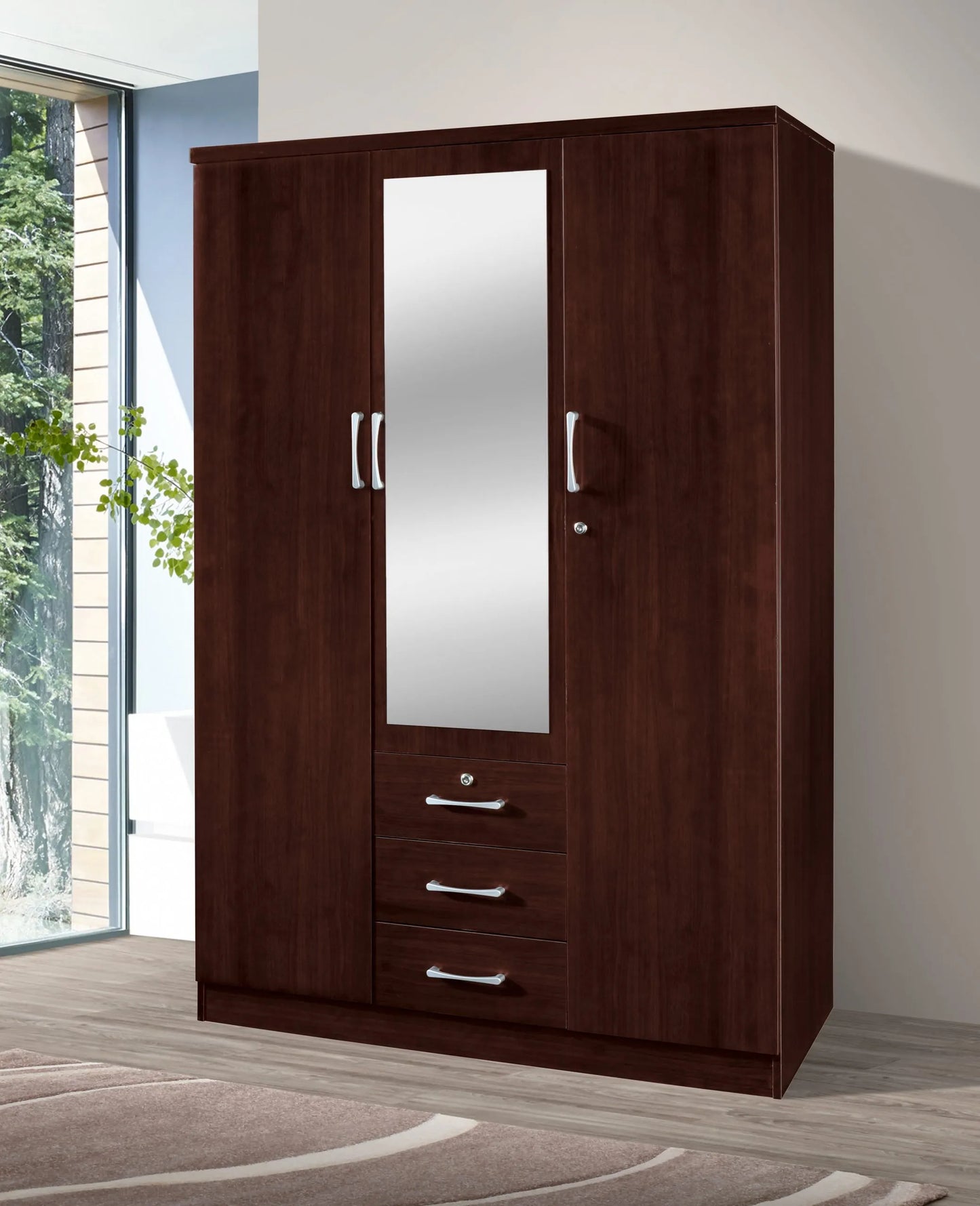 Go Green Woods 3 Door / 3 Drawer With Mirror Wardrobe