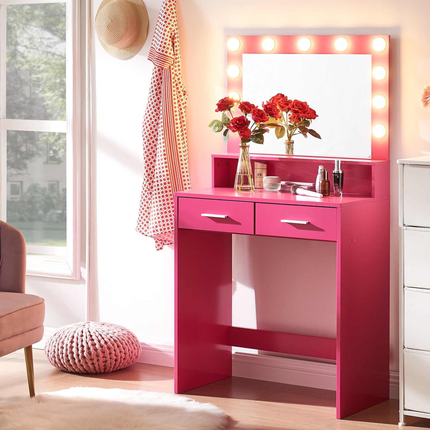 Neve Vanity Desk with Mirror and Lights - Rose Pink