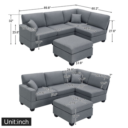 Aria 5-Seat Modular Sectional Set with Convertible Ottoman - Dark Gray