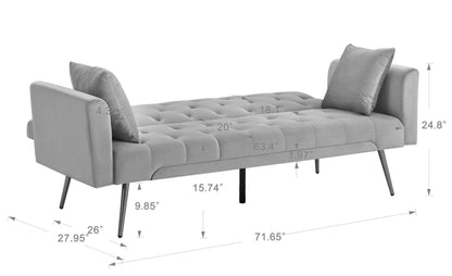 Tasa Velvet Futon Sofa Bed with Metal Legs & 2 Pillows - Grey