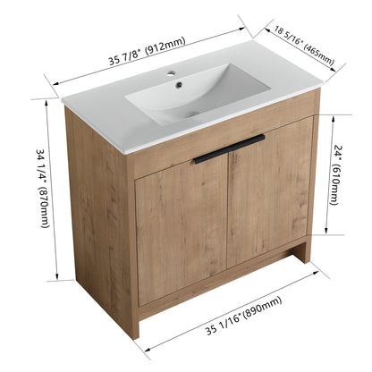 36" Freestanding Bathroom Vanity with White Ceramic Sink & 2 Soft-Close Cabinet Doors