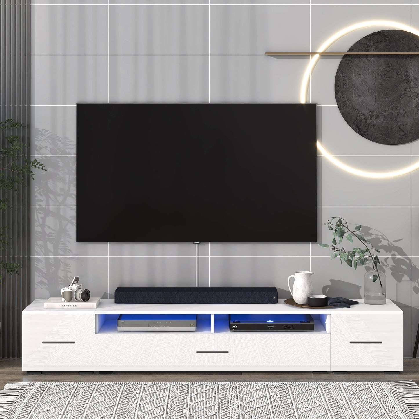 Jig Minimalist Design TV Stand with LED Lights - White