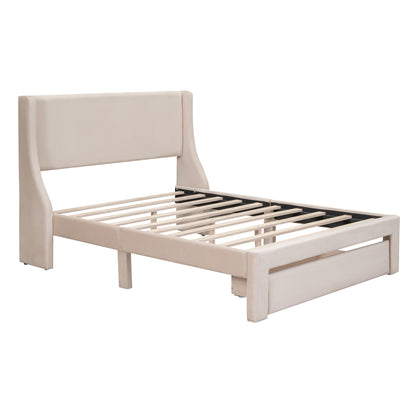 Renni Full Size Velvet Platform Bed Frame with Drawer - Beige