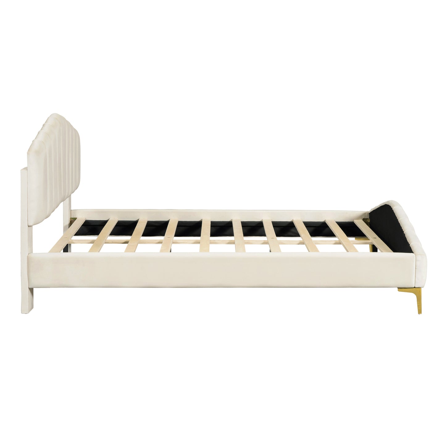 ZuZu Queen Size Velvet Platform Bed with Metal Bed Leg - Beige