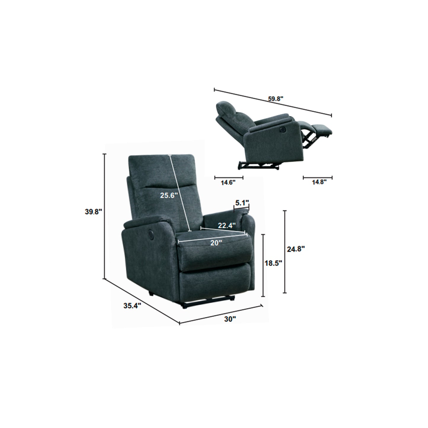 Brooks Power Recliner Chair with USB Charge port - Dark Gray