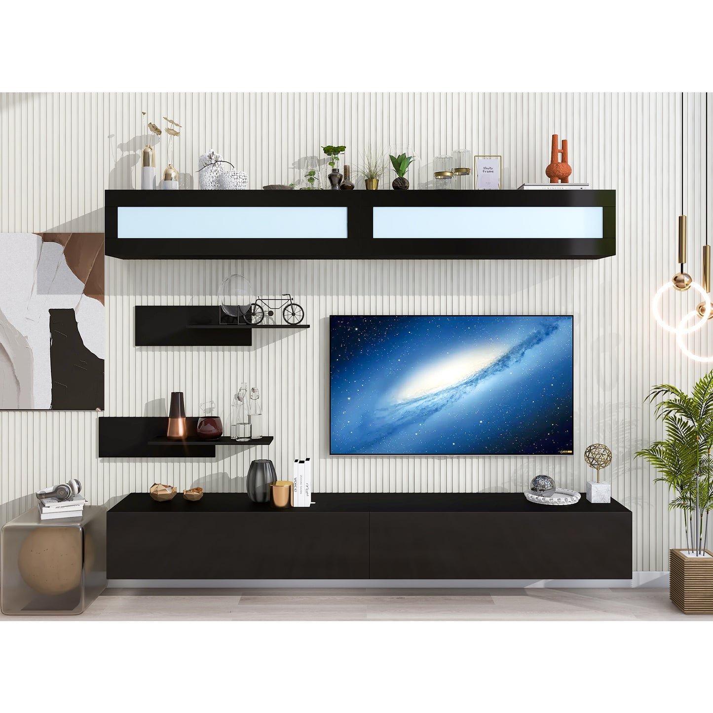 Sega Wall Mount Floating TV Stand with Four Media Storage - Black