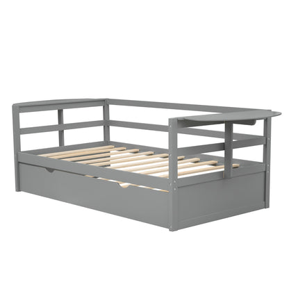 Tumo Twin Size Daybed with Trundle and Foldable Shelves - Gray