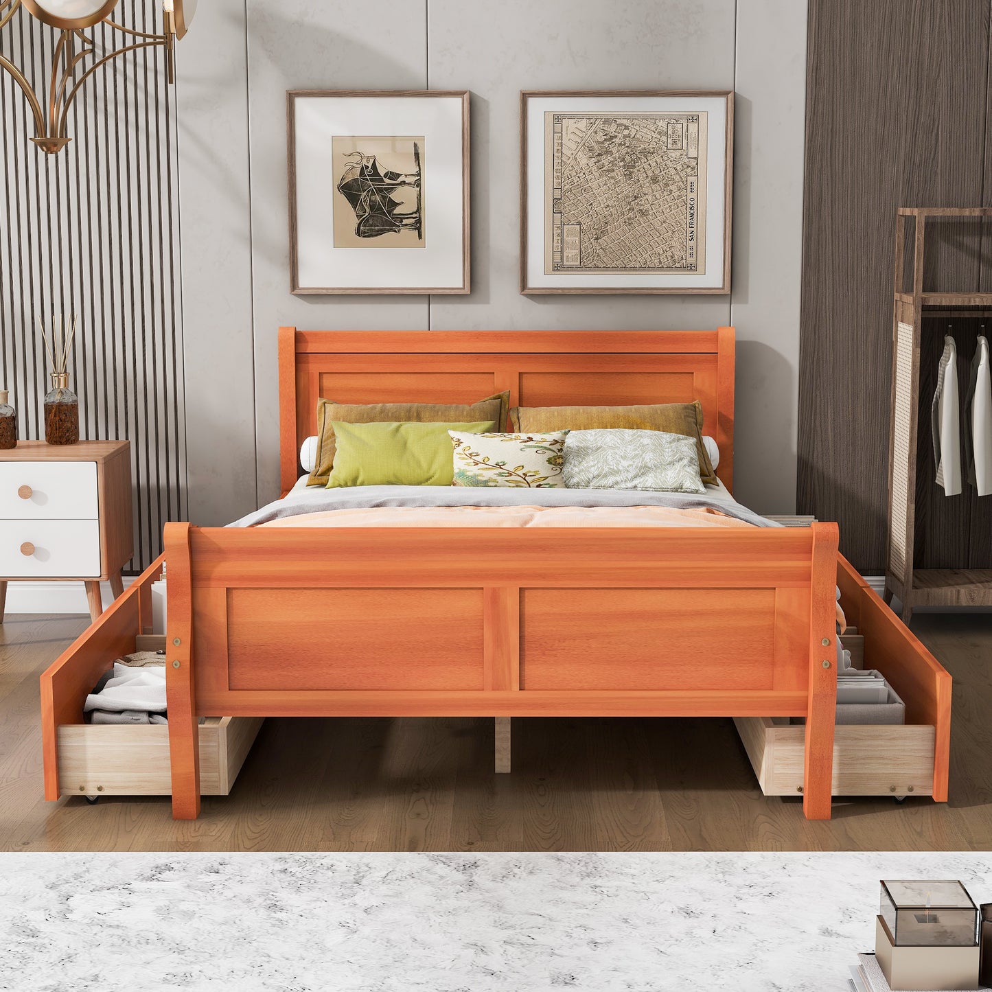 Meg Full Size Wood Platform Bed with 4 Drawers - Oak