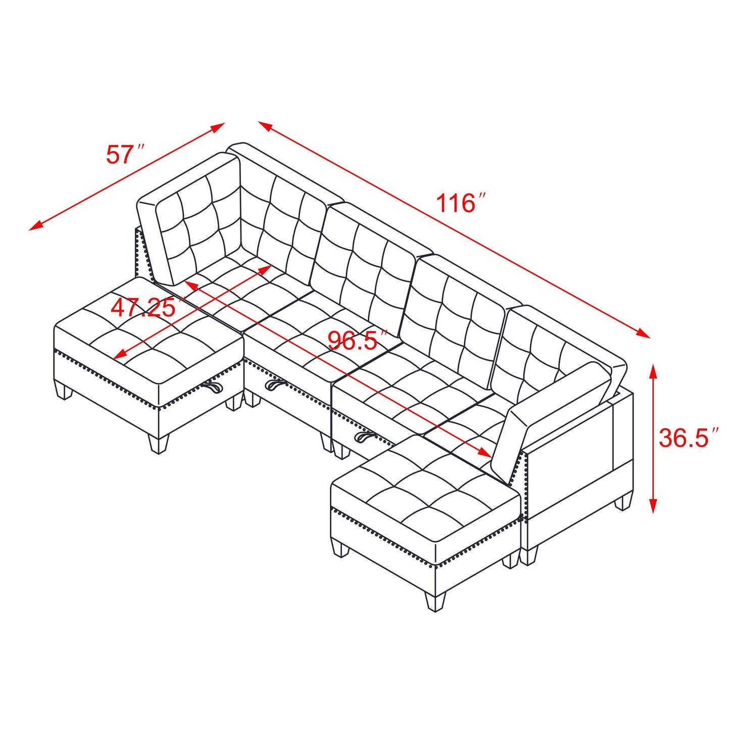 Molly Modular Sectional Sofa Two Single Chair ,Two Corner and Two Ottoman - Navy Blue