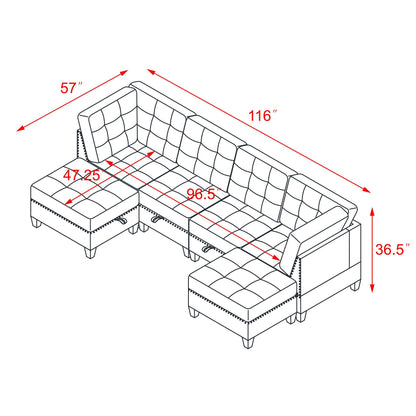 Molly Modular Sectional Sofa Two Single Chair ,Two Corner and Two Ottoman - Navy Blue