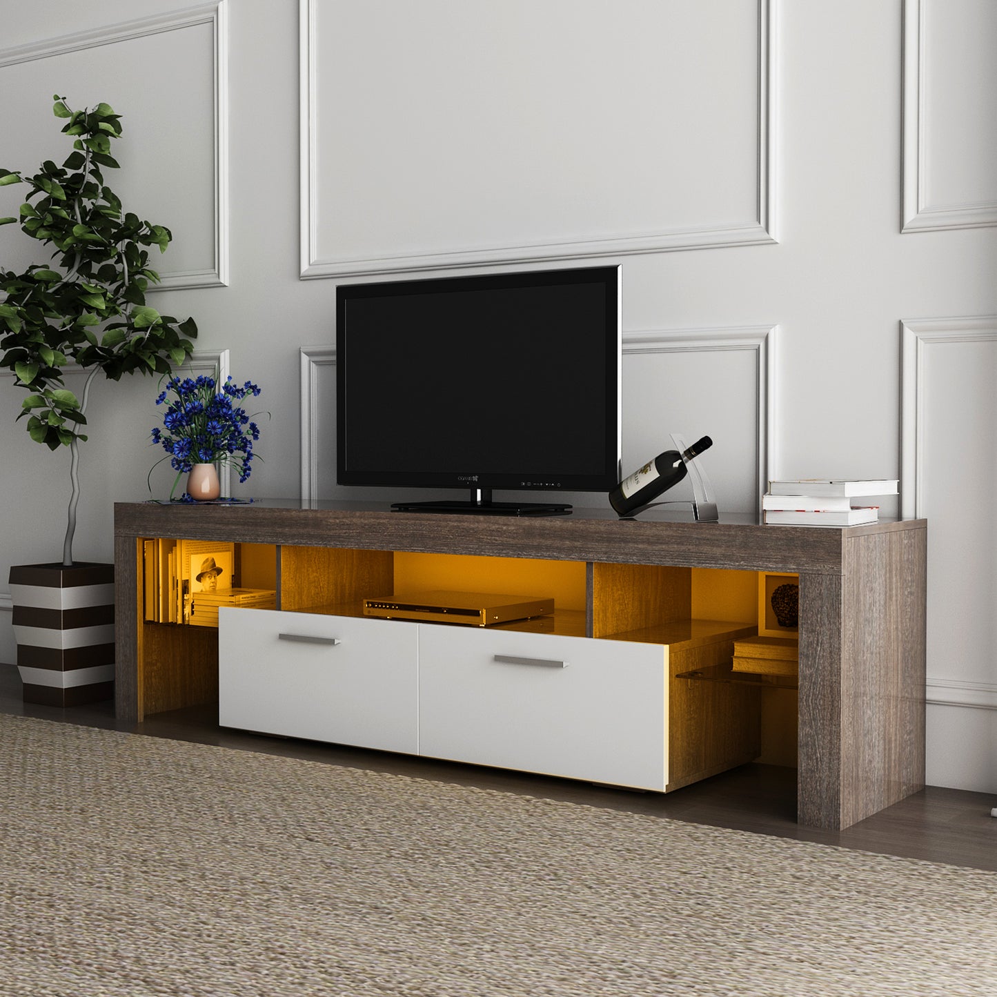 Nova 65 inches TV Stand with LED Lights - Brown+White