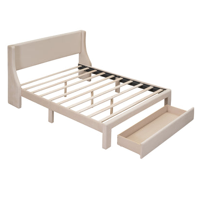 Renni Queen Size Velvet Platform Bed Frame with Drawer - Beige