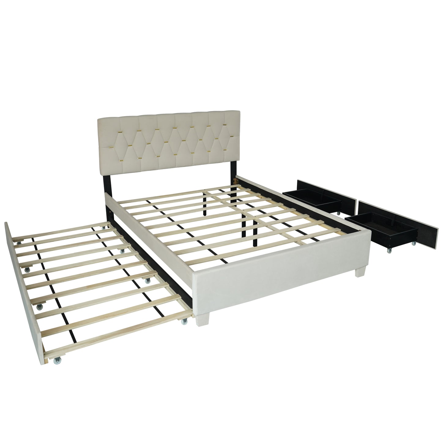 Ella Queen Size Metal Platform Bed Frame with Trundle - Beige