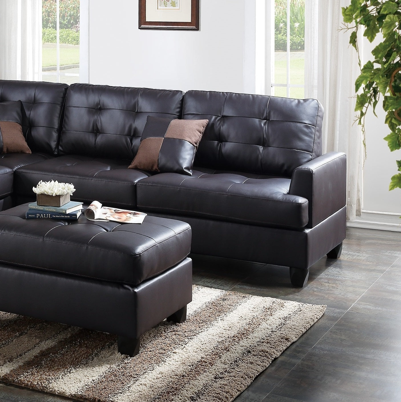 Lucia 3pc Faux Leather Sectional Sofa Set -  Espresso