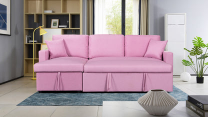 Paisley Linen Fabric Reversible Sleeper Sectional Sofa with Storage - Pink