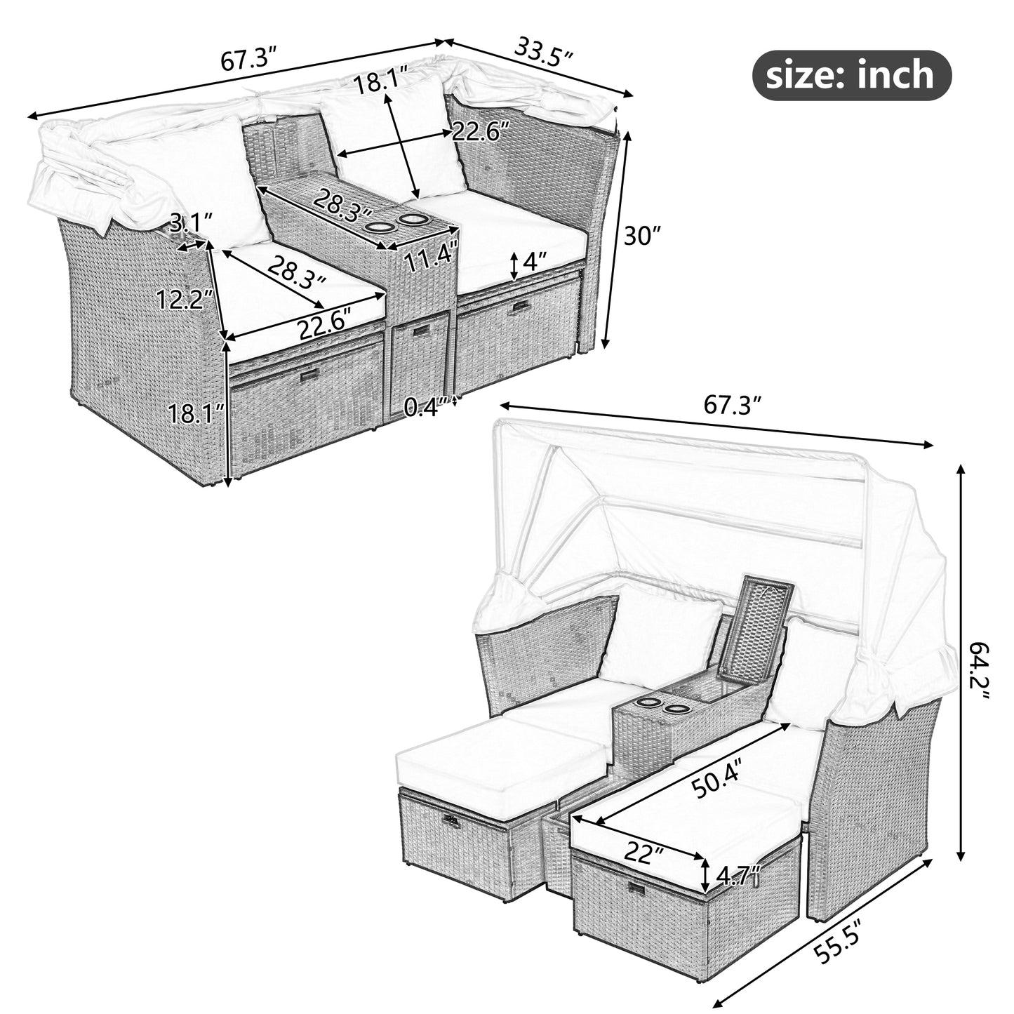 Ginson 2-Seater Outdoor Patio Daybed - Beige