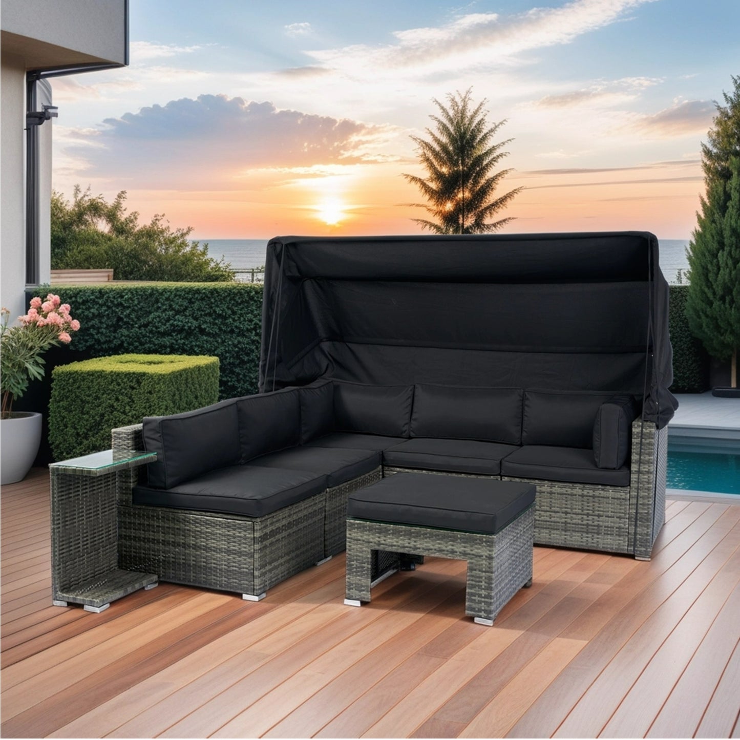 Vo 7 Pc Patio Sectional Sofa Set w/Retractable Canopy