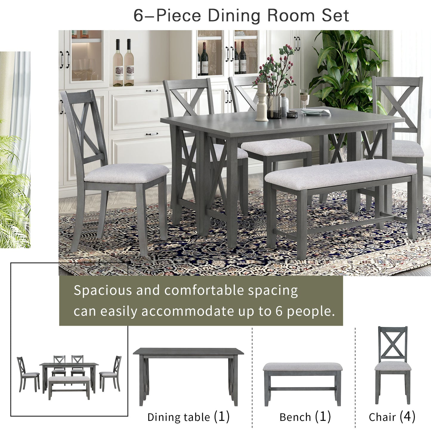 Stella 6pc Dining Set Solid Wood Table 4x Side Chairs And Bench - Gray