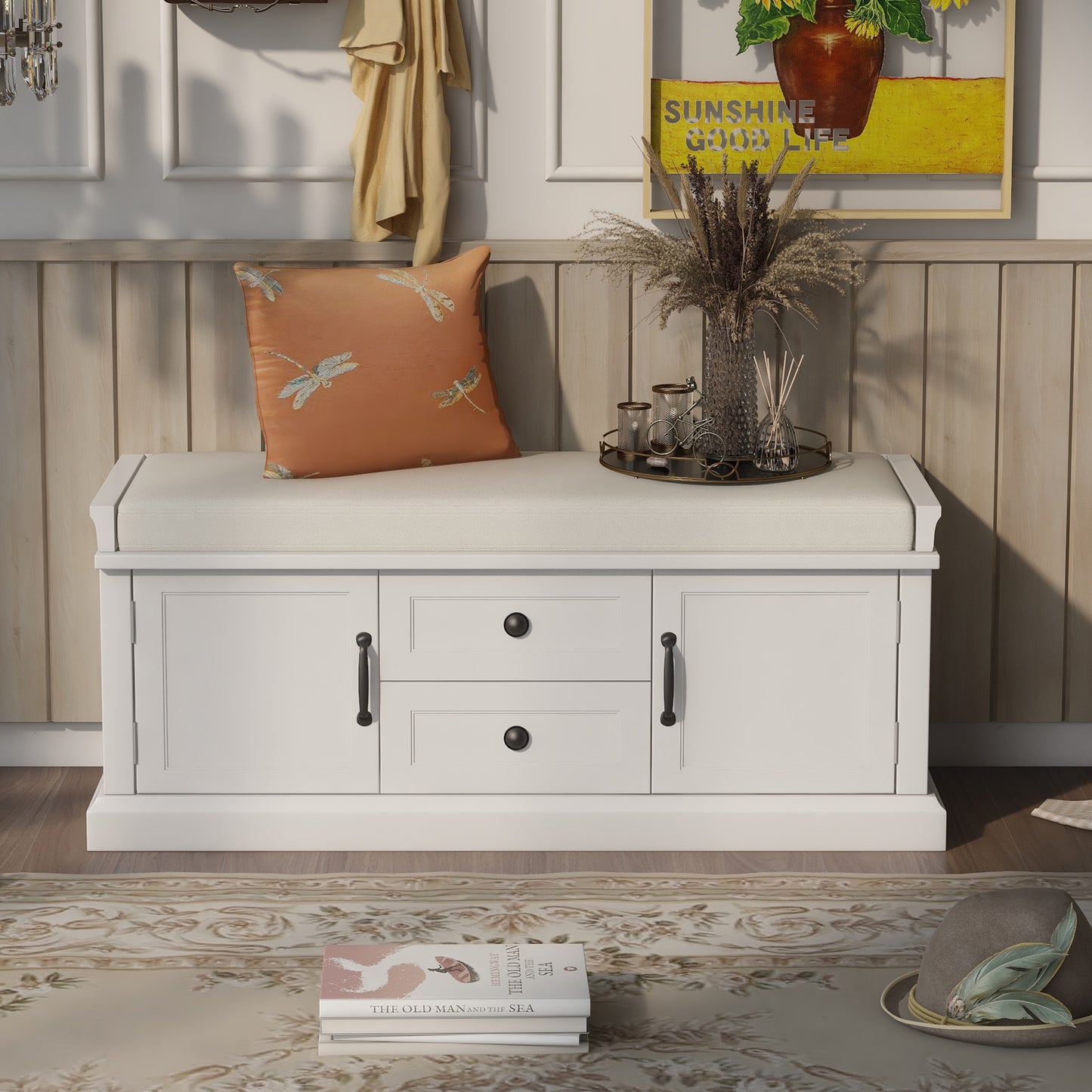 Stash Storage Bench with 2 Drawers and 2 Cabinets - White