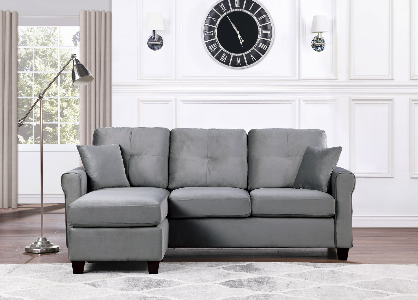 Yuki Reversible  Sectional Velvet Sofa w 2 Pillows - Gray