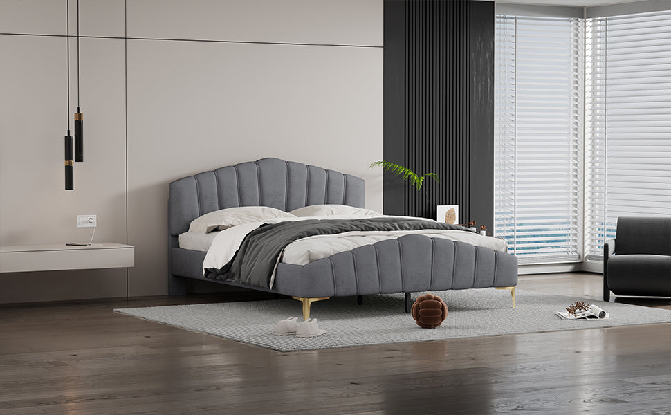 ZuZu Queen Size Velvet Platform Bed with Metal Bed Leg - Gray