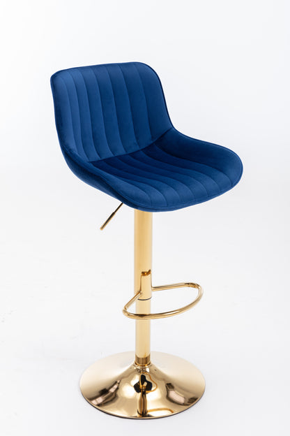 Stramline Adjustable Velvet + Golden Leg Bar Stool - Blue Set of 2