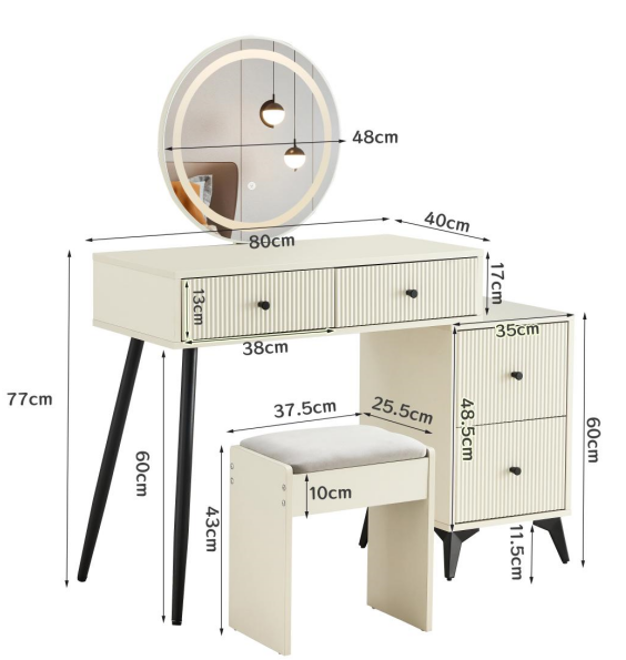 Glover Fluted Makeup Vanity Desk with Square LED Mirror