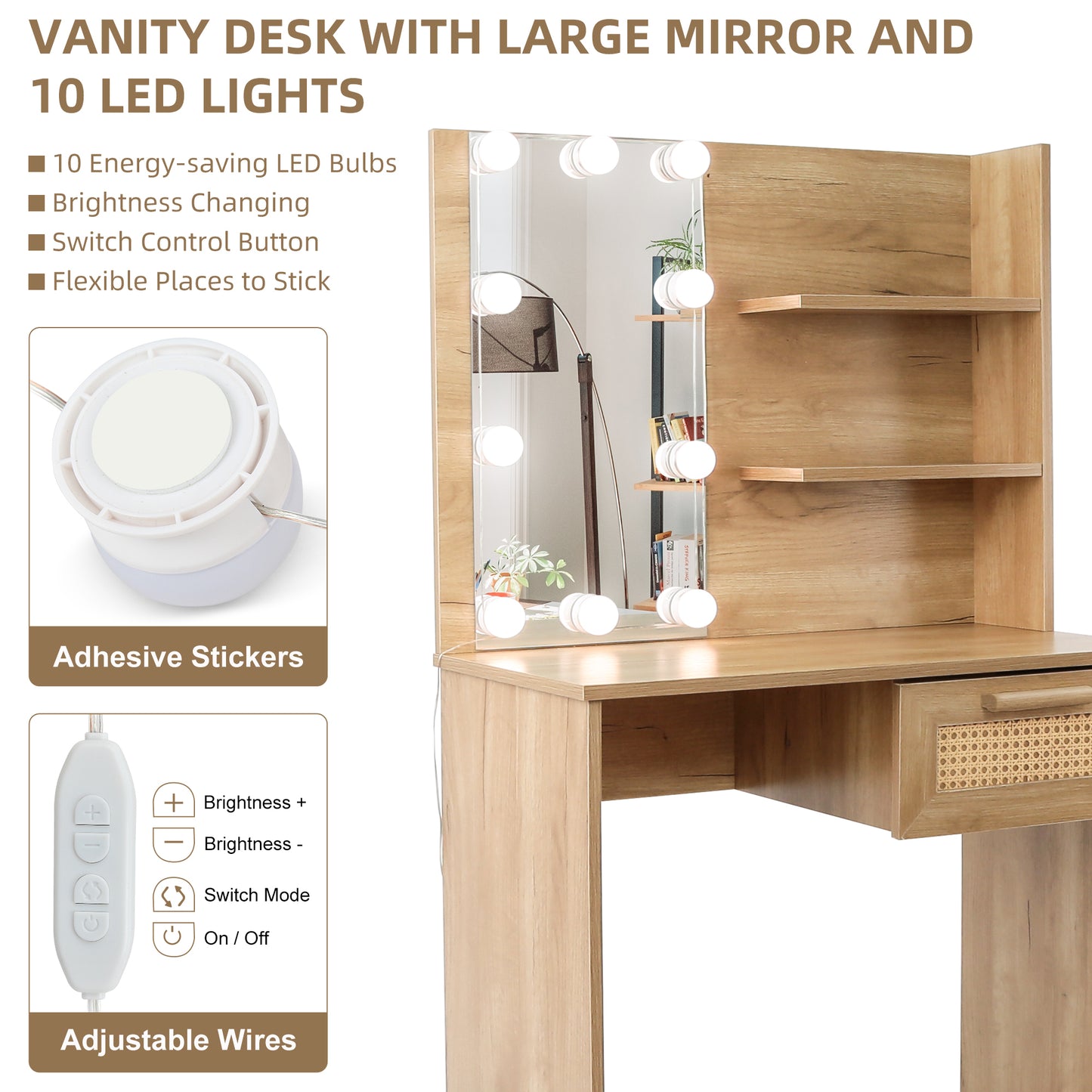 Brooks II Vanity Desk Set With LED Lighting Mirror - Natural