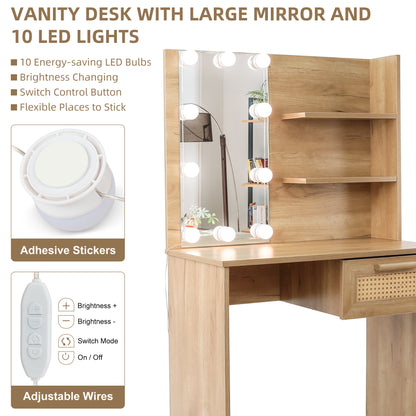 Brooks II Vanity Desk Set With LED Lighting Mirror - Natural