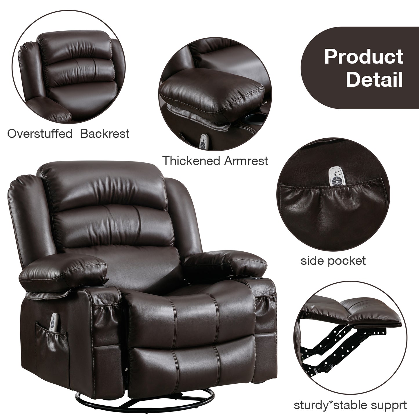 Float Massage Swivel Rocker Recliner Chair - Brown