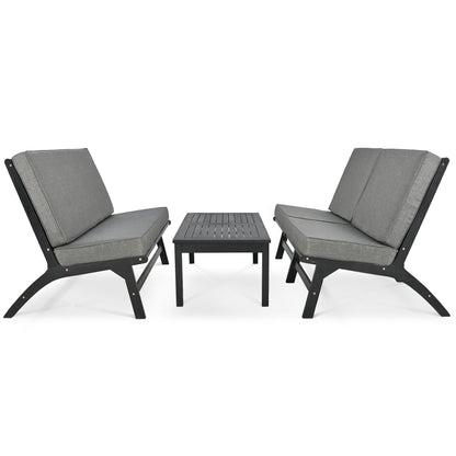 4 Pc Acacia Solid Wood Outdoor Seats Set - Black+Gray