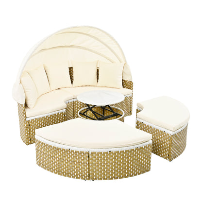 Malena 5 Pc Round Rattan Sectional Sofa Set with Retractable Canopy - Beige