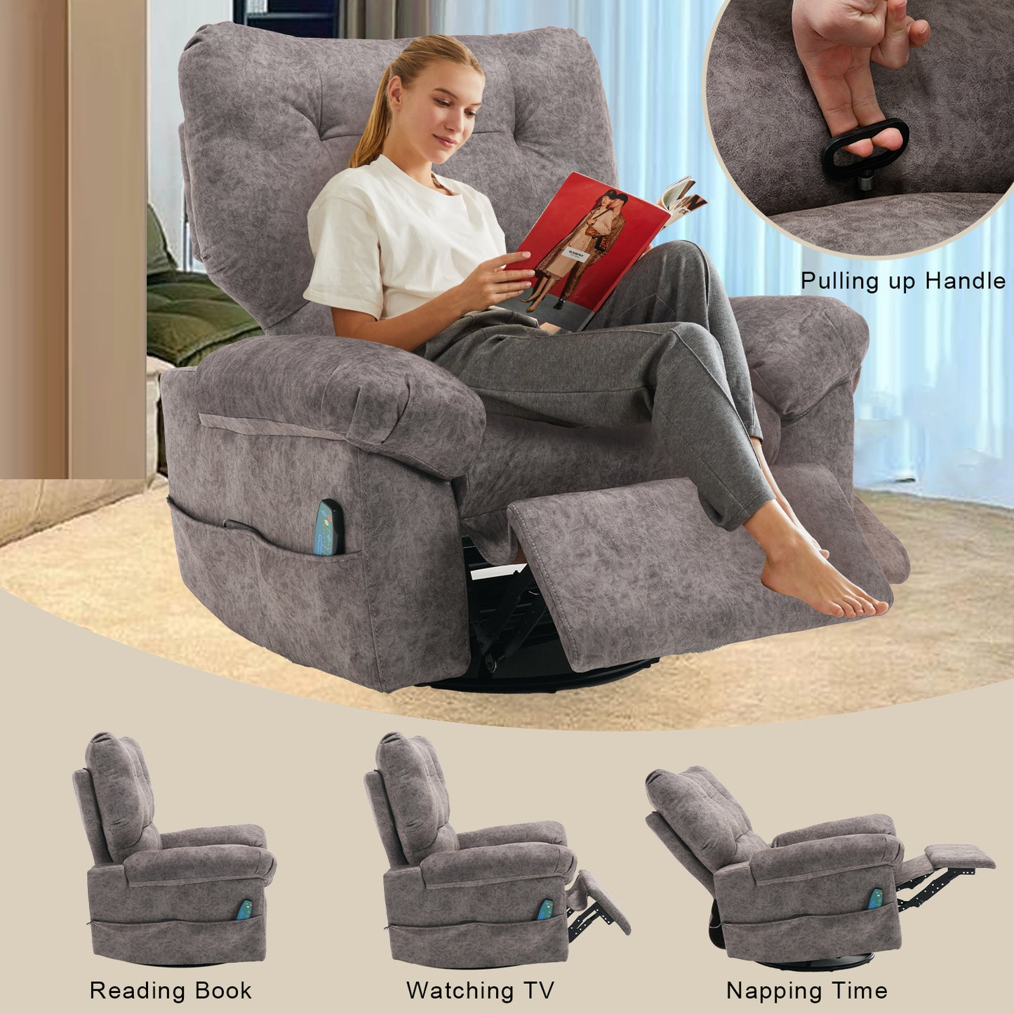 Aria Fabric Rocker Recliner Chair with Massage and Heat - Gray