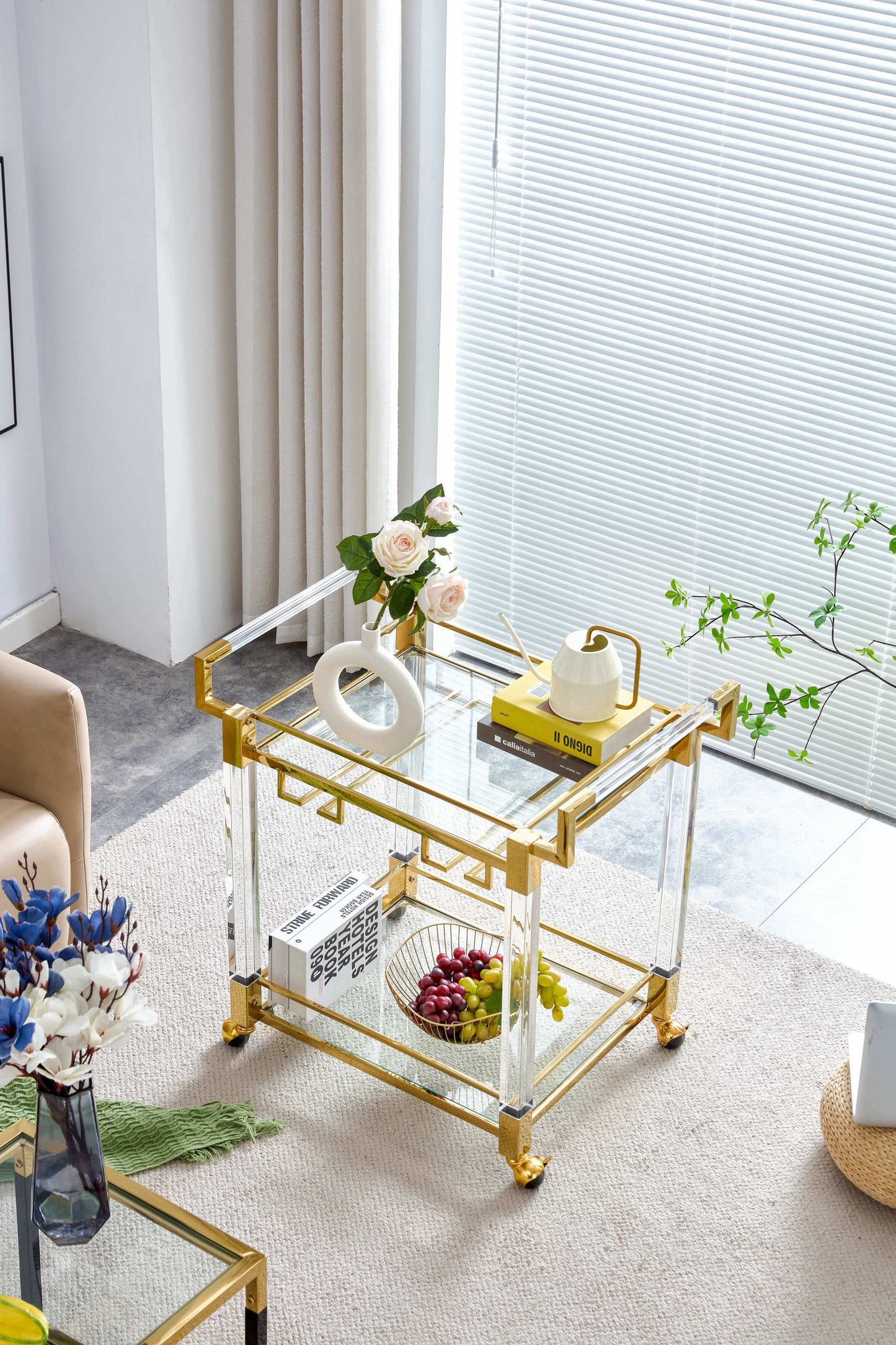 Bar Serving Cart Tempered Glass Metal Frame - Gold