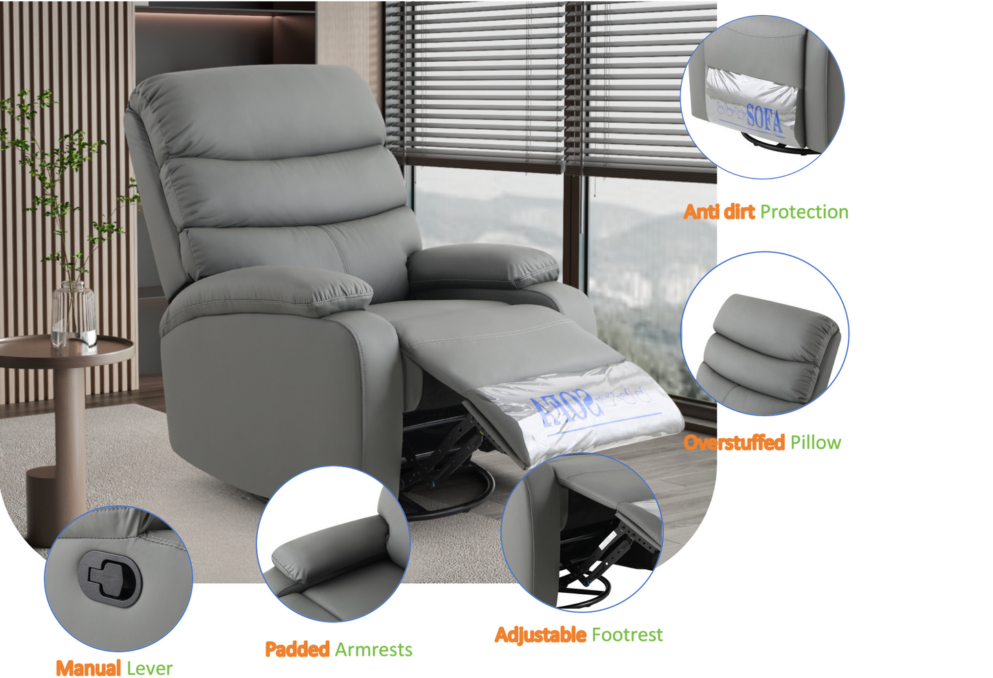 Lexi 360 Degree Swivel Rocking Recliner Chair - Gray