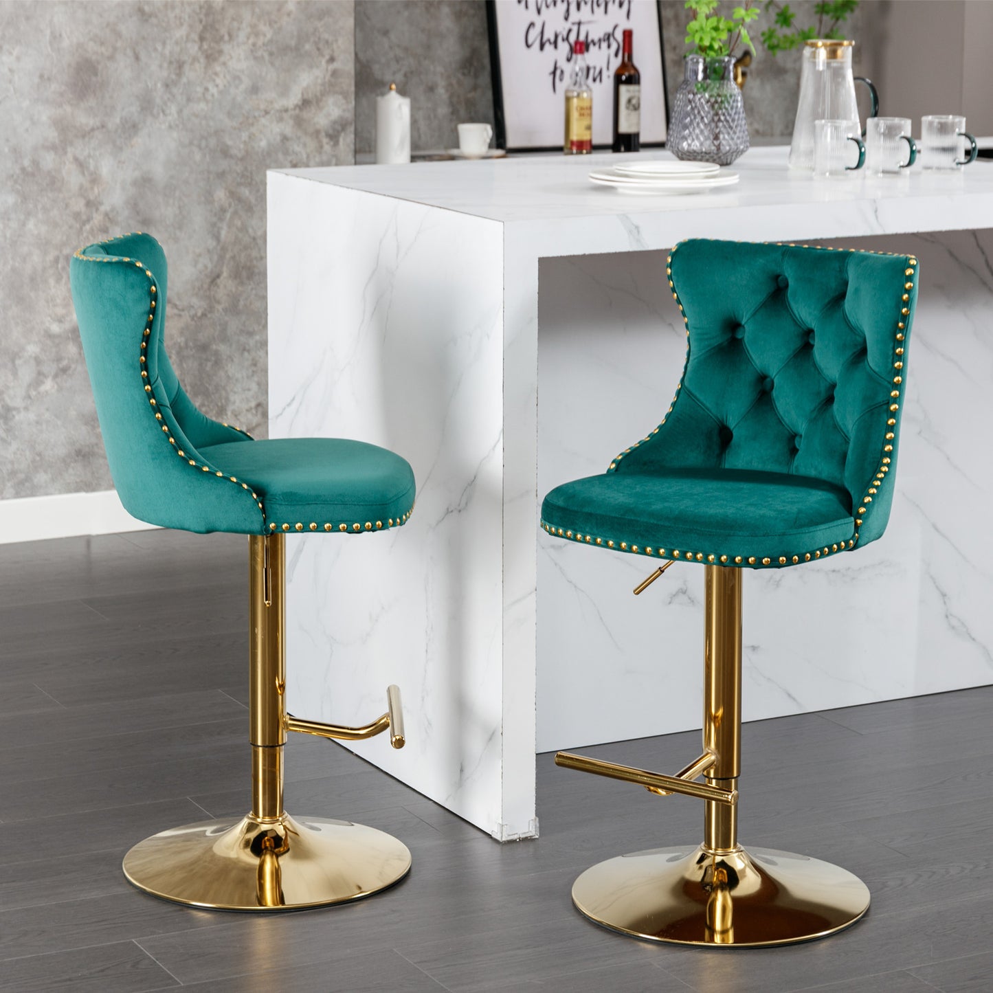 Stellar Golden Swivel Velvet Barstools Adjusatble Height - Green  Set of 2