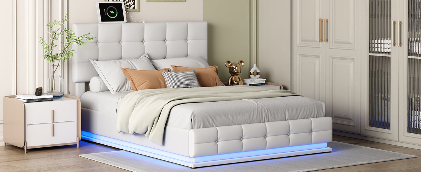 Luxury Dream Queen Bed with Smart Storage and LED Illumination - White