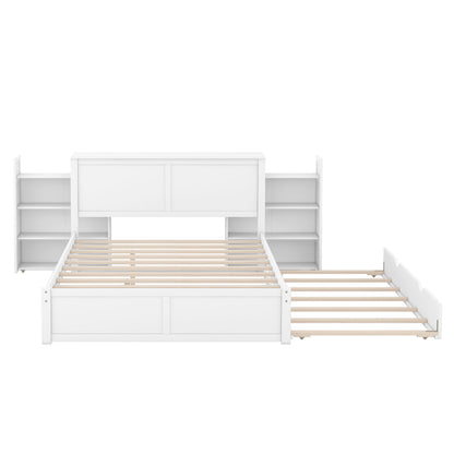 JR Queen Size Platform Bed w Pull Out Twin XL Size Trundle - White