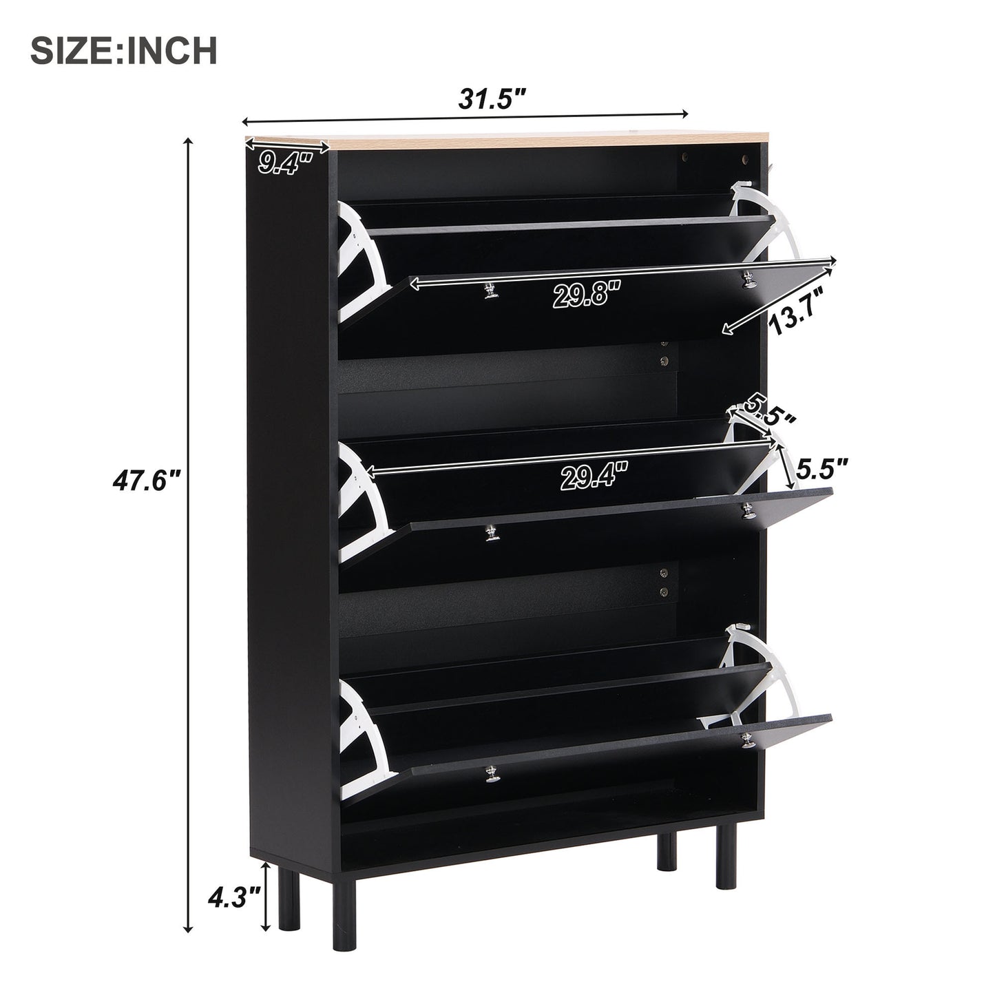 Bio Shoe Cabinet with 3 Flip Drawers - Black