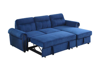 Ashton Velvet Fabric Reversible Sleeper Sectional Sofa Chaise - Blue