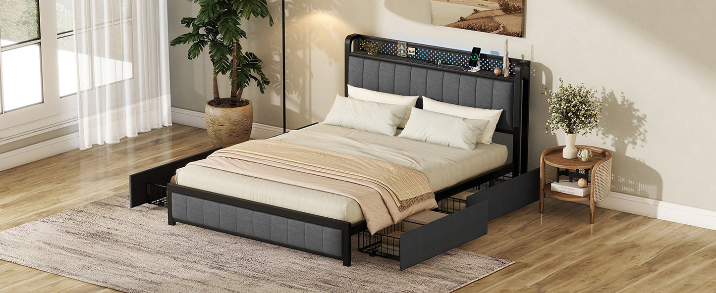 Kie Queen Size Bed Frame with LED - Dark Gray