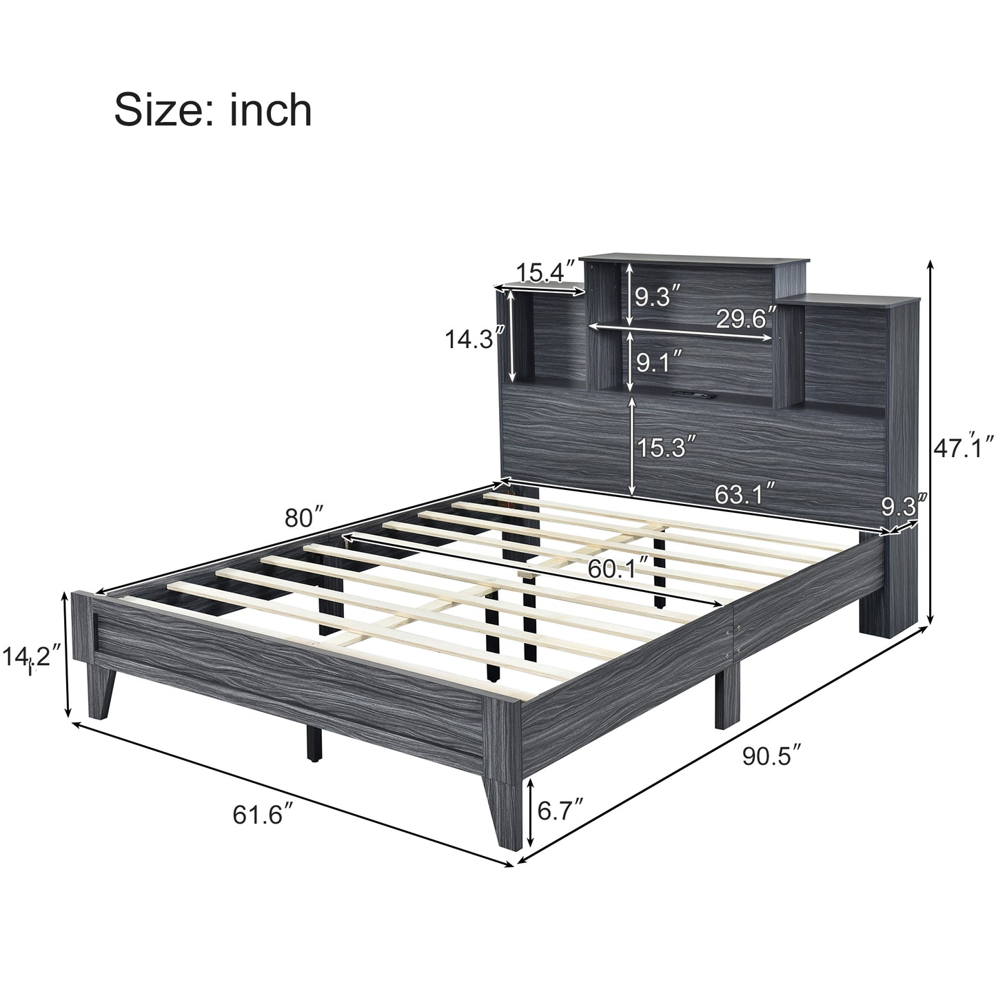 Taz Queen Size Platform Bed Frame with 4 Open Storage Shelves - Gray