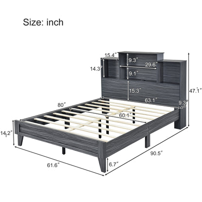 Taz Queen Size Platform Bed Frame with 4 Open Storage Shelves - Gray