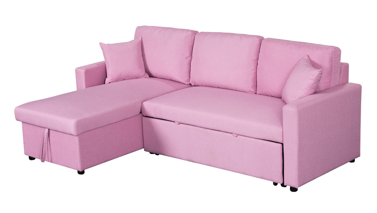 Paisley Linen Fabric Reversible Sleeper Sectional Sofa with Storage - Pink