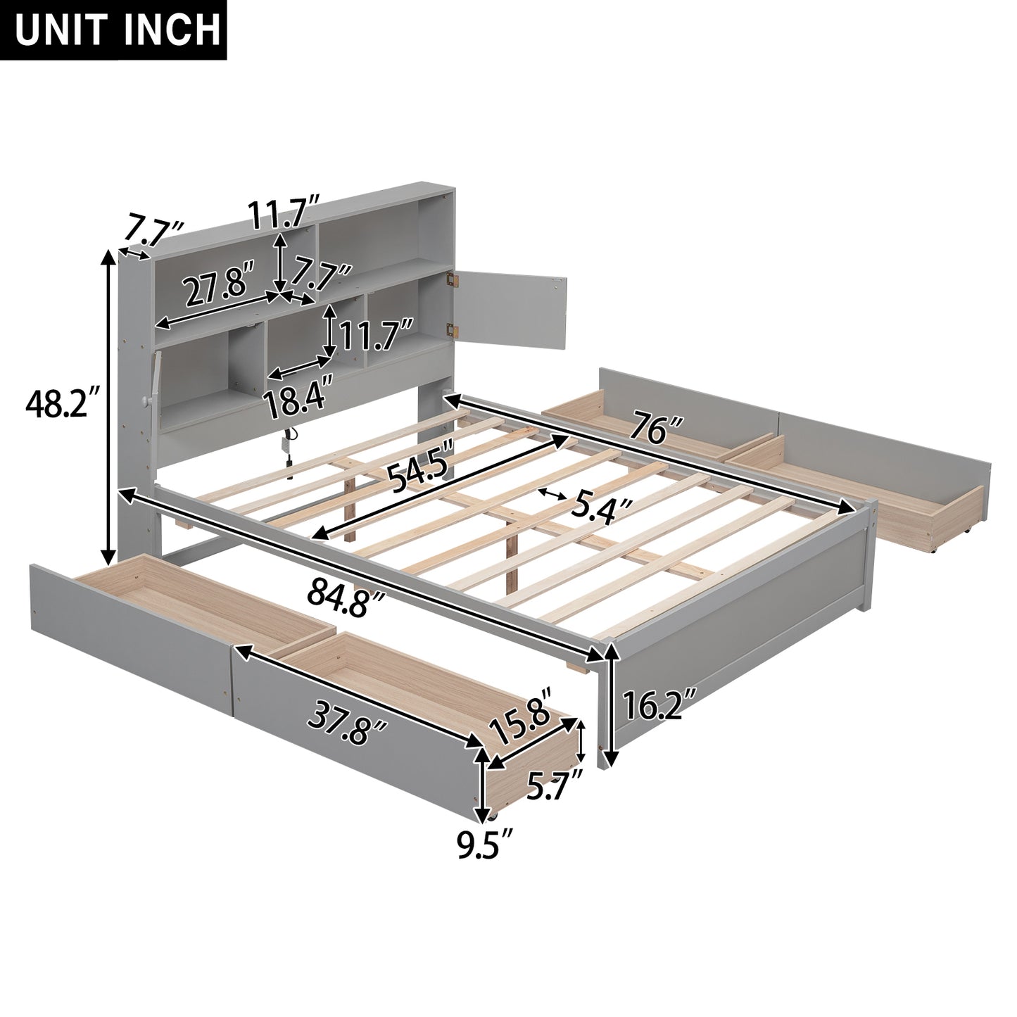 Jazz Full Size Platform Bed w 4 Drawers - Gray