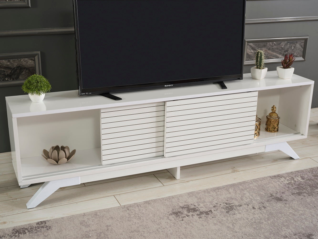 Luxia Mid Century Modern TV Stand 2 Sliding Door- White